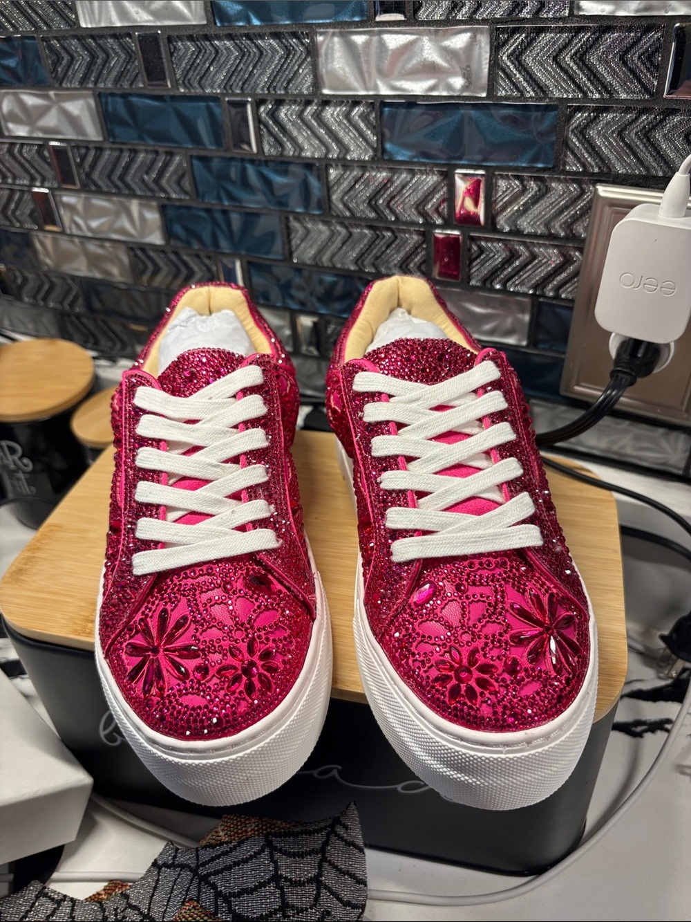 Betsey Johnson Fuchsia Sequin Floral Platform Sneakers